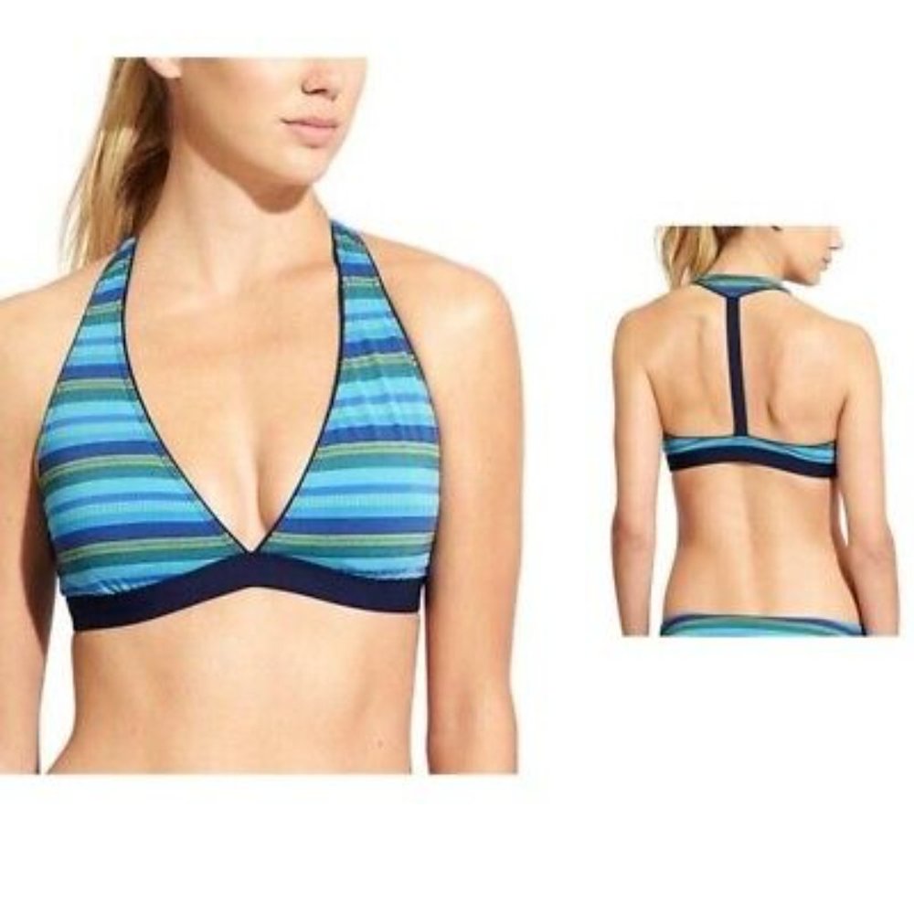 Athleta Bikini Top Tulum T-Back Bikini Top Navy Blue Stripes Swim Top Size XXS